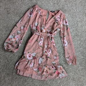 Lulu's Floral Long Sleeve Dress in Pink and White